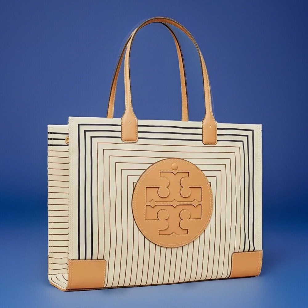 NWT Tory Burch Ella Printed Tote Bag, Natural Striped White